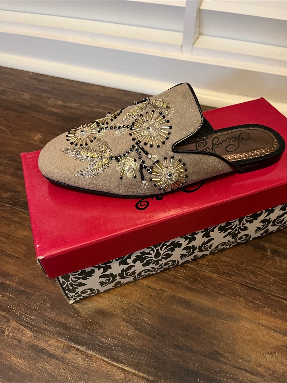 Embroidered Beige Slip-On Mule with Metallic Accents